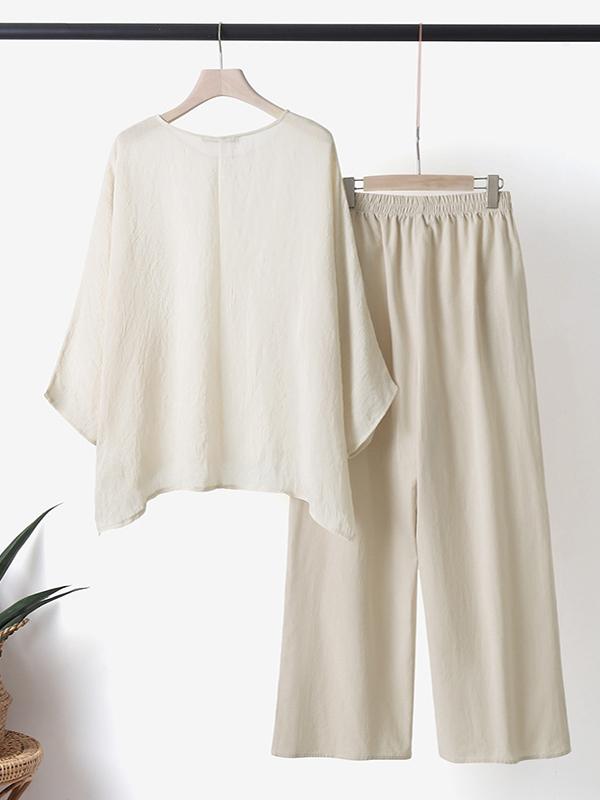 Women's Large Size Asymmetrical Long Sleeve Wide Leg Pants Cotton Linen Two-piece Set