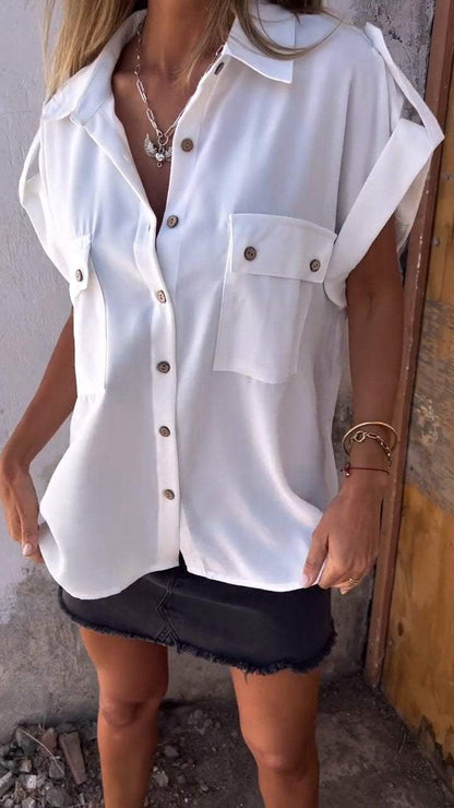 Short-sleeved Lapel Shirt with Double Pockets white