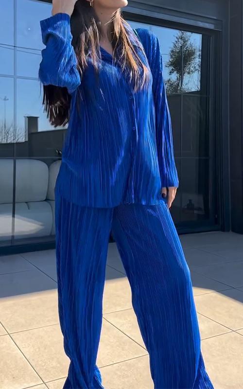 Women Casual Lapel Pit Strip Two-piece Suit blue