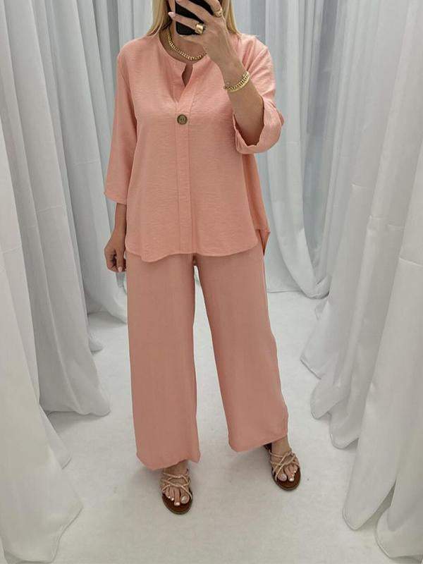 Casual V-neck Cotton and Linen Suit pink