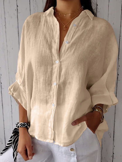 Women's Cotton and Linen Solid Color Casual Shirt beige Tops