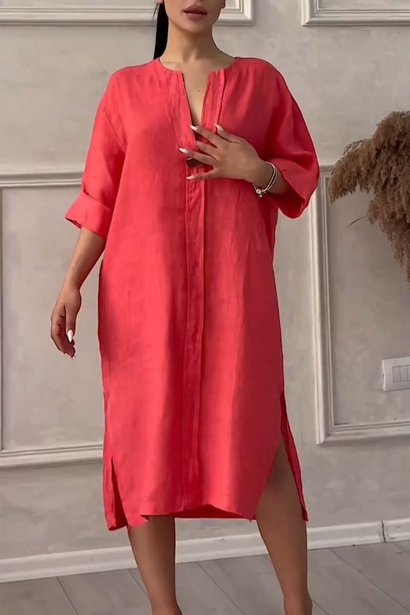 Casual buttoned cotton and linen dress Coral red