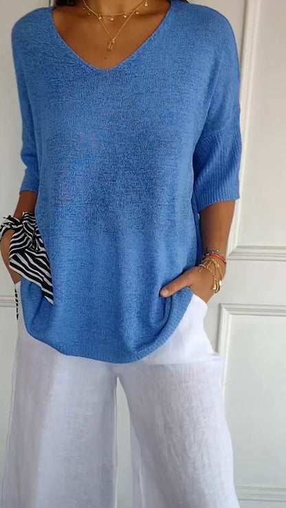 Solid Color Knitted V-neck Top blue