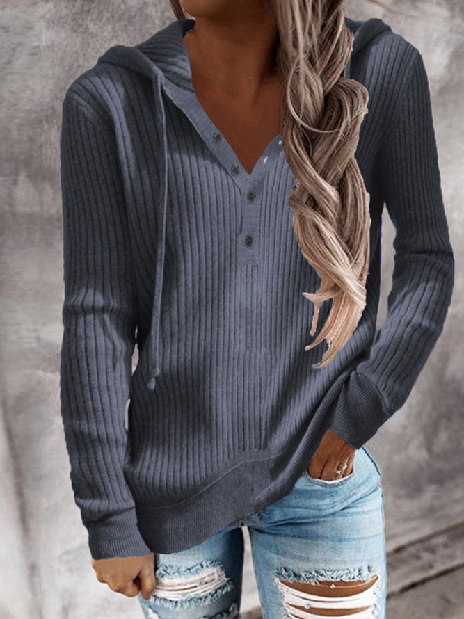 Casual V Neck Plain Shirts & Tops Blue Gray