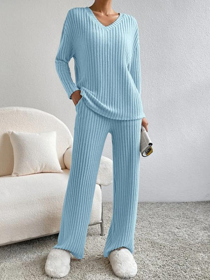 Temperament loose V-neck pit knitted suit Blue