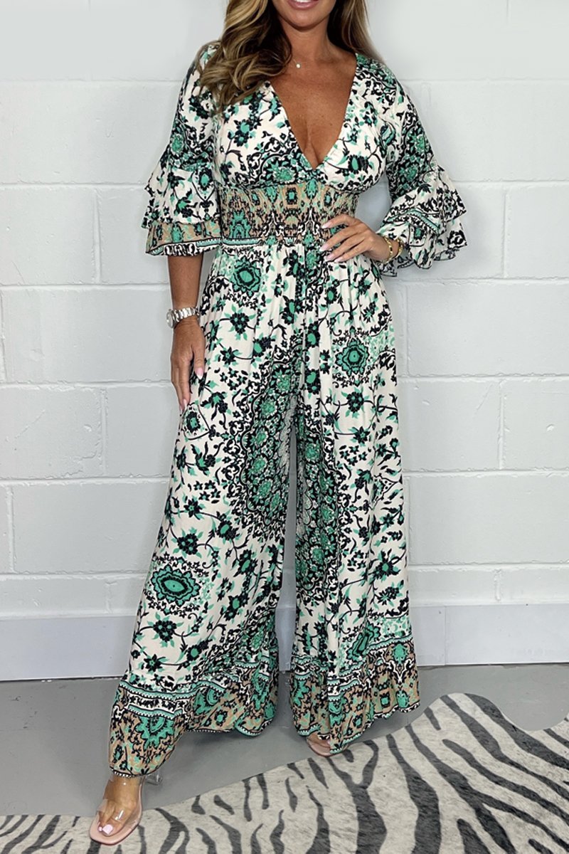 V-neck printed jumpsuit Green