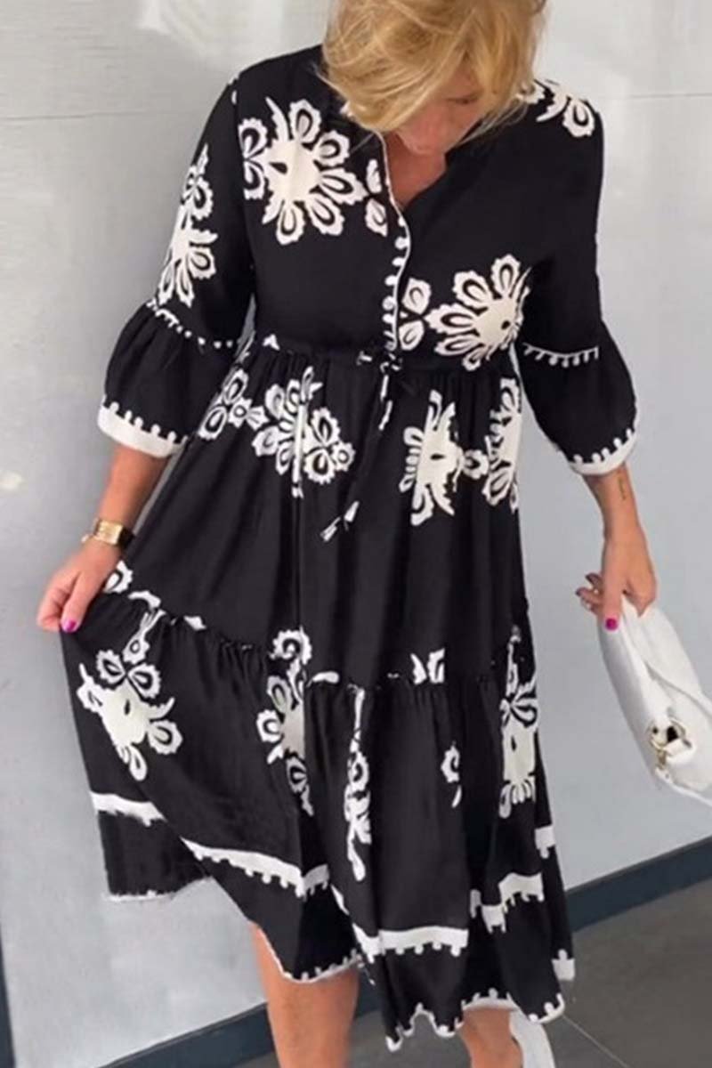 Casual printed three-quarter sleeve dress Black