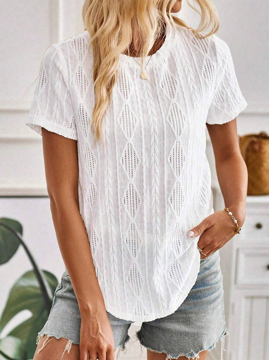 Buttoned Simple Plain Crew Neck Blouse White