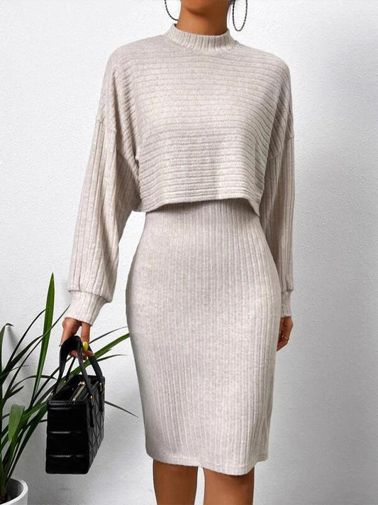 Fashion Pit Strip Long Sleeve Top Slip Skirt Suit Apricot