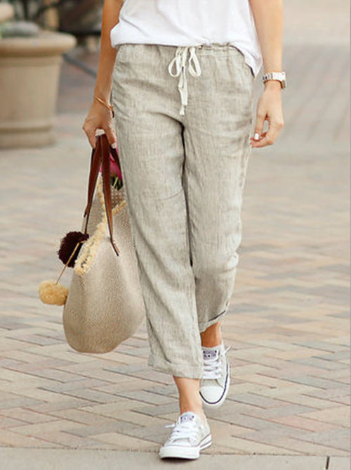 Solid Color Loose Casual Cotton and Linen Cropped Pants Grey