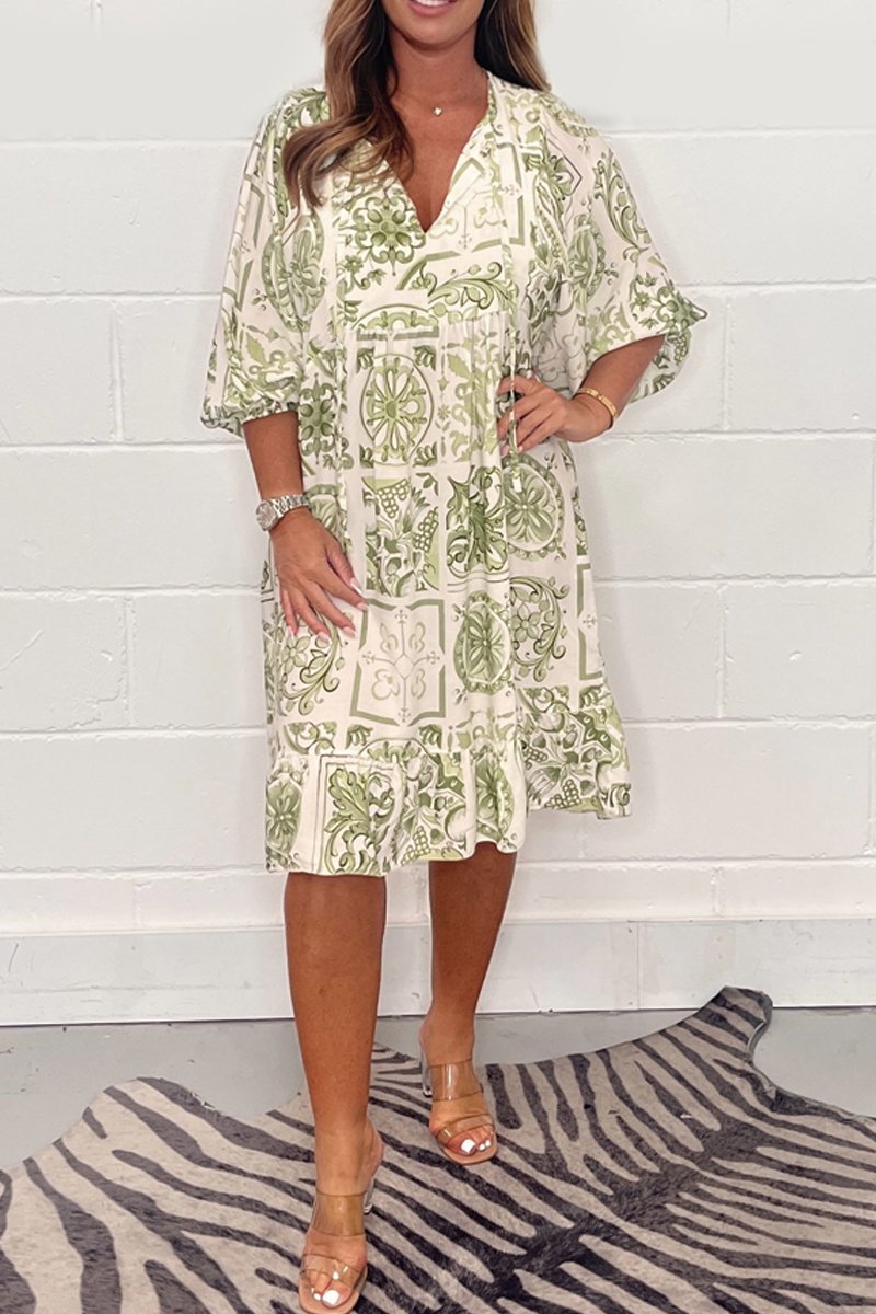 Ink printed puff sleeve dress Light green