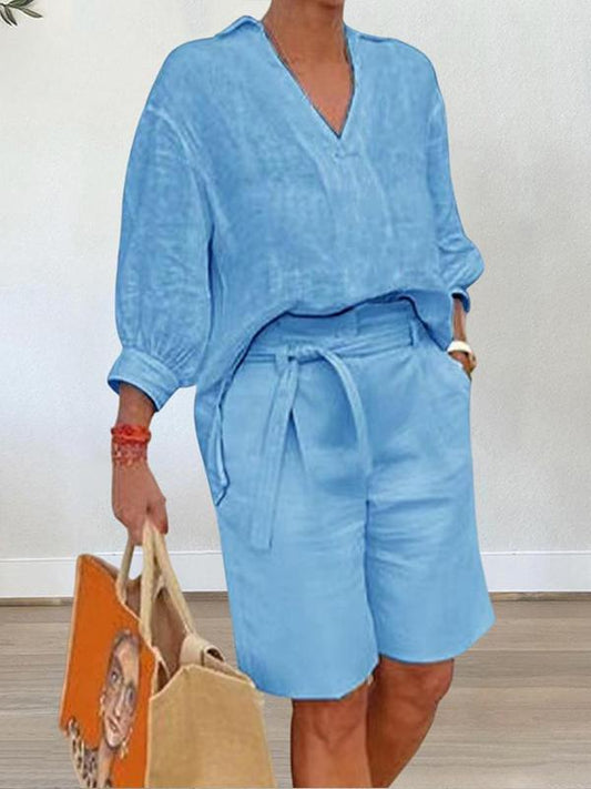 Cotton and Linen Women's Fashion Leisure Suit Loose Two-piece Set Blue