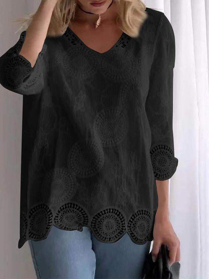 Casual V-neck Lace Hollow Top black