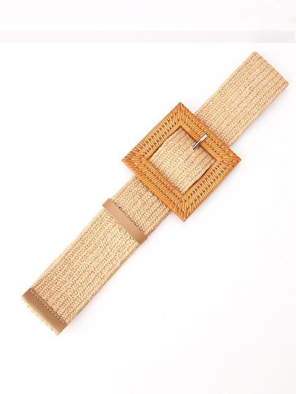 Women's Grass Woven Elastic Woven Belt Elastic Waist Seal Bohemian Style Khaki One Size