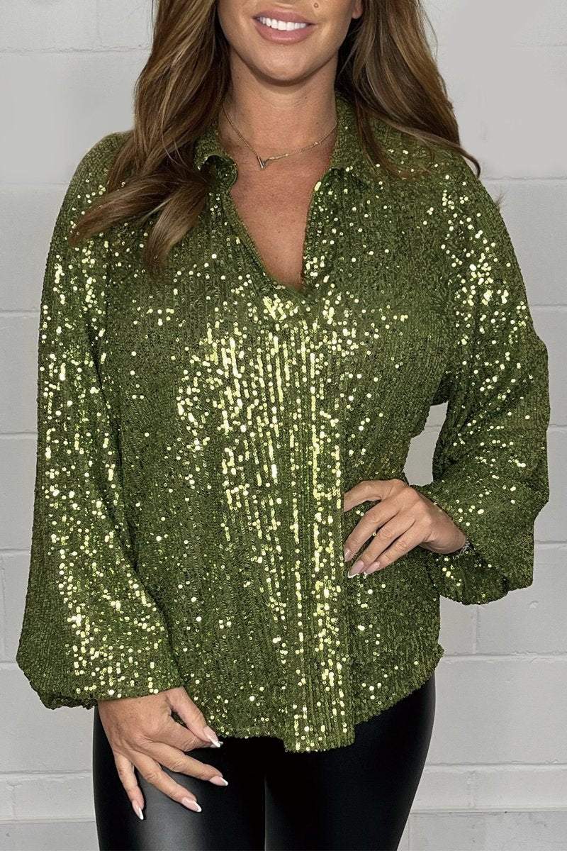 V-neck sequin top Green