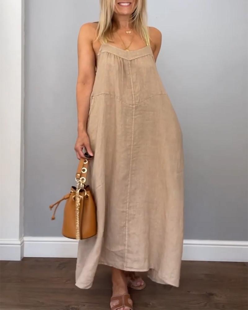 Solid Cotton and Linen Slip Dress Khaki