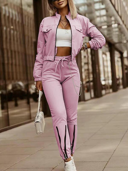 Zipper Design Long Sleeve Top Drawstring Pants Casual Suit Pink