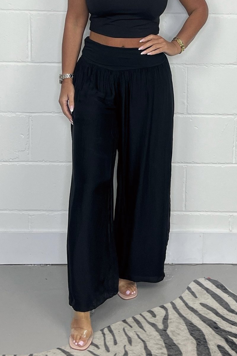 Satin turn-waist trousers Black