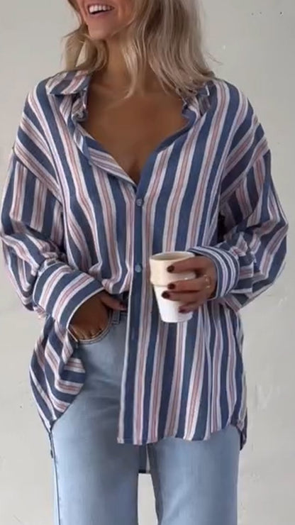 Ladies Lapel Striped Long Sleeve Shirt