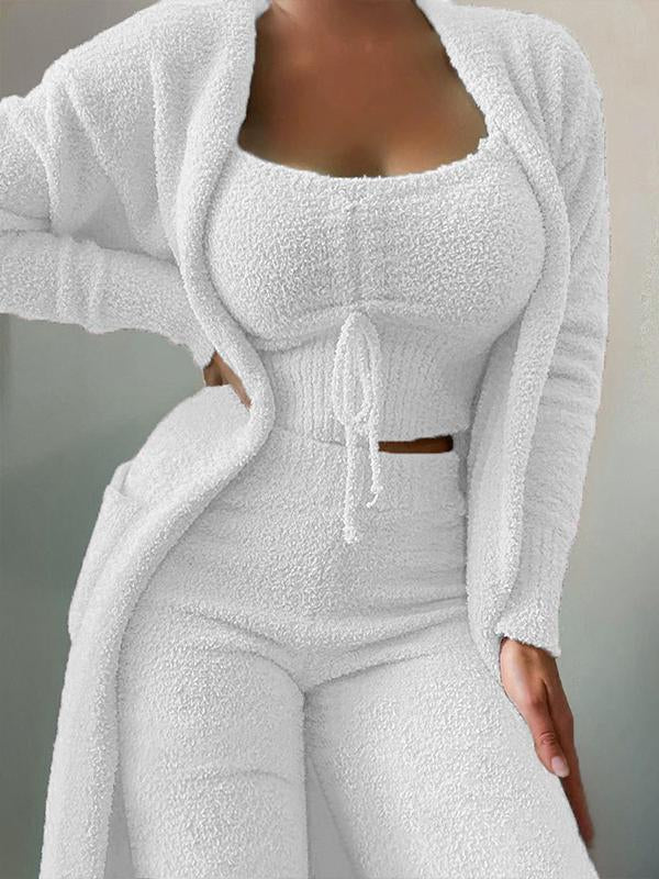 Plush Three Piece Lace Up Pajama Set Casual Suit Home Wear white