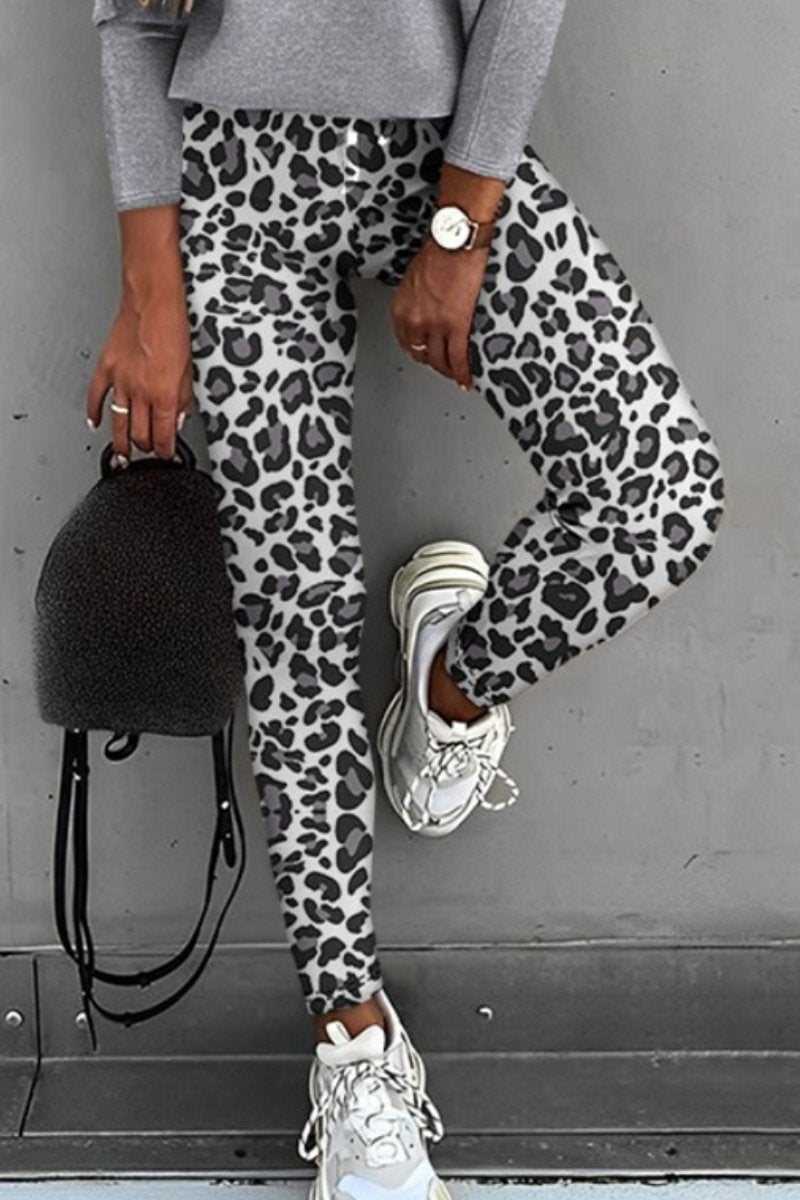 Casual Leopard print Long Sleeve Tops and Trousers Suit