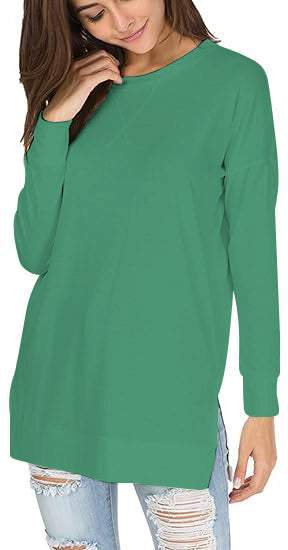 Round Neck Casual Solid Color Top long-sleeves green