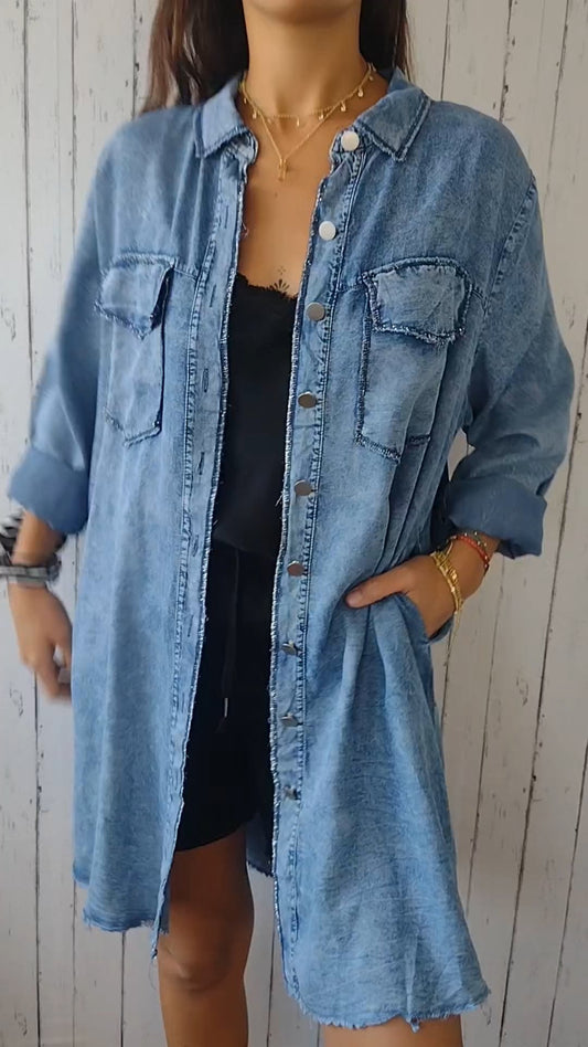 Faux Denim Comfortable Long Coat Shirt blue