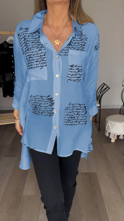 Letter Print Fashion Lapel Shirt blue