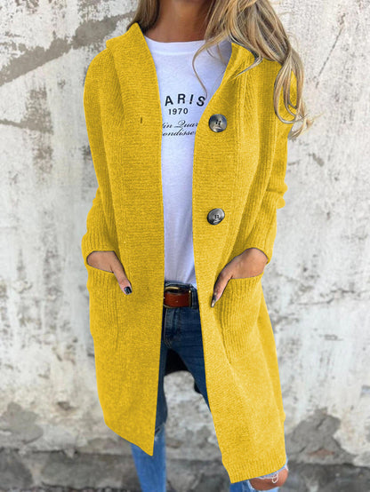 Hooded Knitted Long Cardigan Jacket yellow