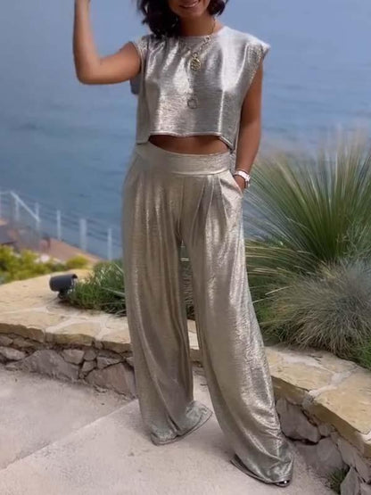 Women's Casual Glossy Vest and Wide Leg Pants Two-piece Set Silver gray