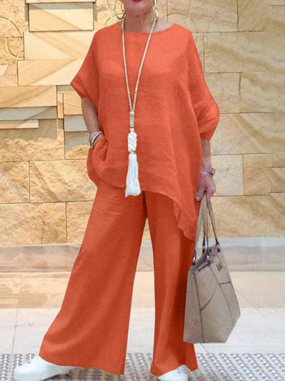 Women's Large Size Asymmetrical Long Sleeve Wide Leg Pants Cotton Linen Two-piece Set Orange