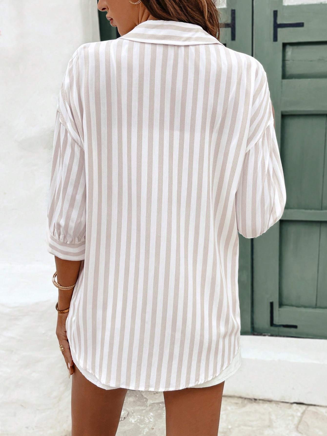 Lapel Mid-sleeve Striped Shirt