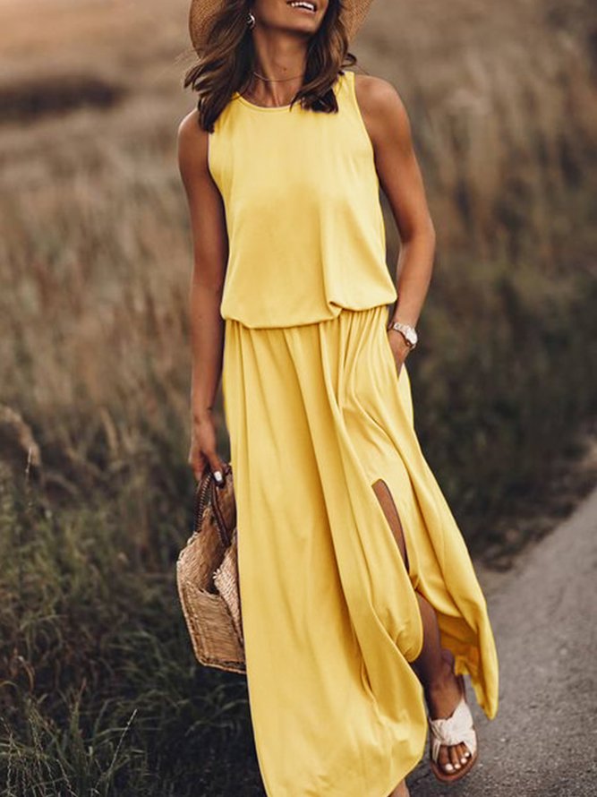 Women Vintage Boho Sleeveless Round Neck Solid Maxi Weaving Dress Yellow