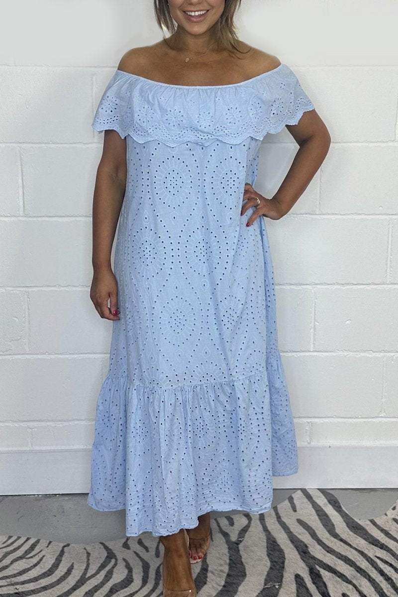 Solid color embroidered English maxi dress Sky blue