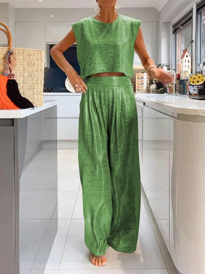 Women's Casual Glossy Vest and Wide Leg Pants Two-piece Set Green