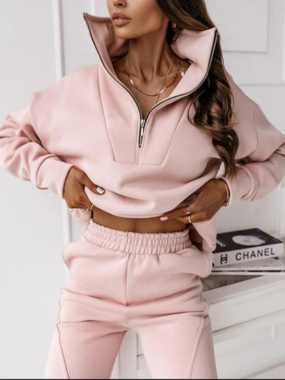 Hoodie Stand-up Collar Zipper Jacket Solid Color Long Pants Suit