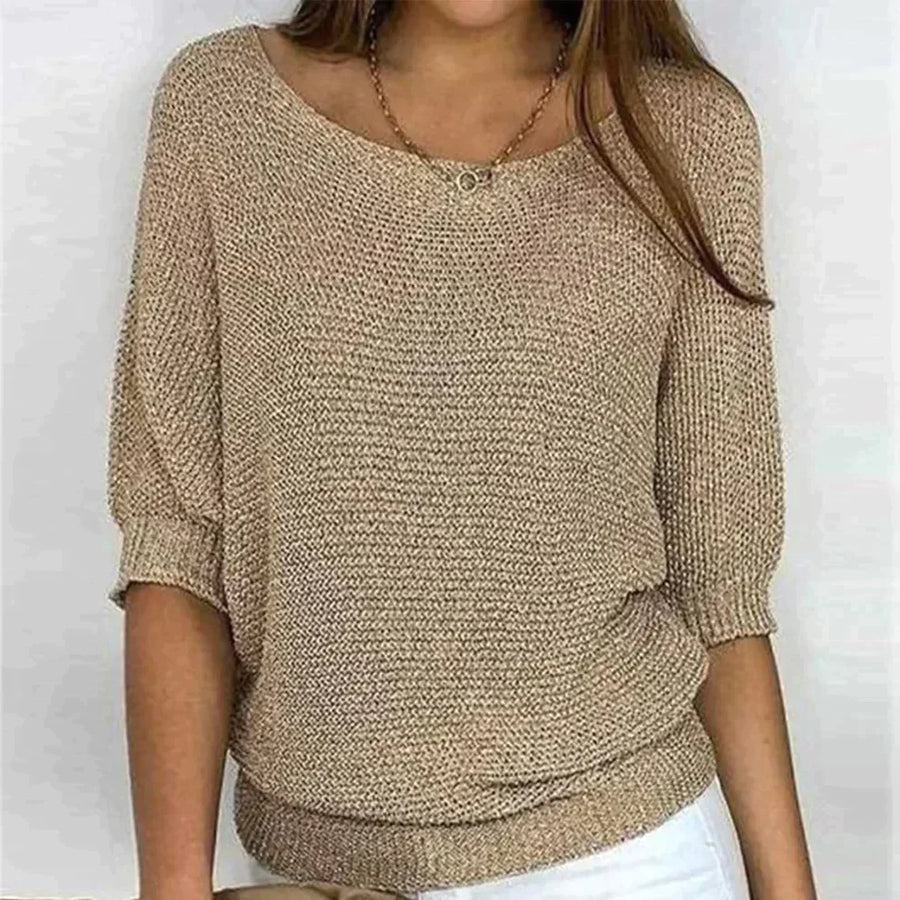 Solid Color Round Neck Sweater Khaki