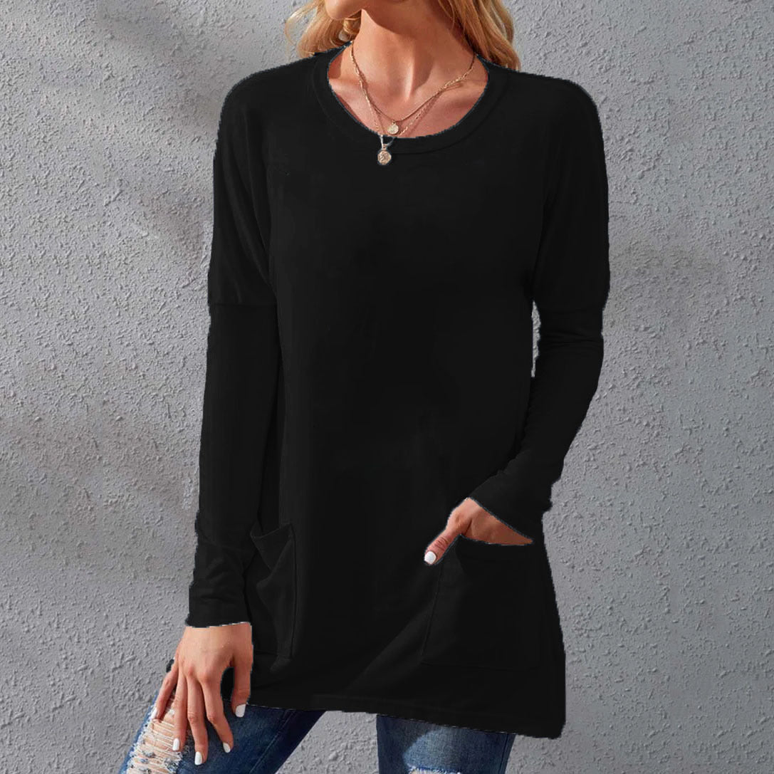 Round neck long sleeves loose pockets solid color T-shirt Black