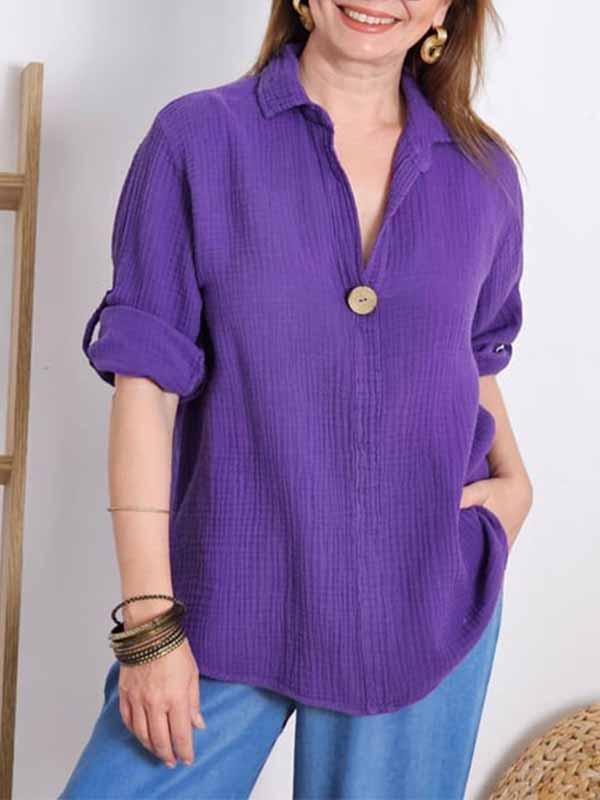 Women's Lapel Solid Color Cotton and Linen Top