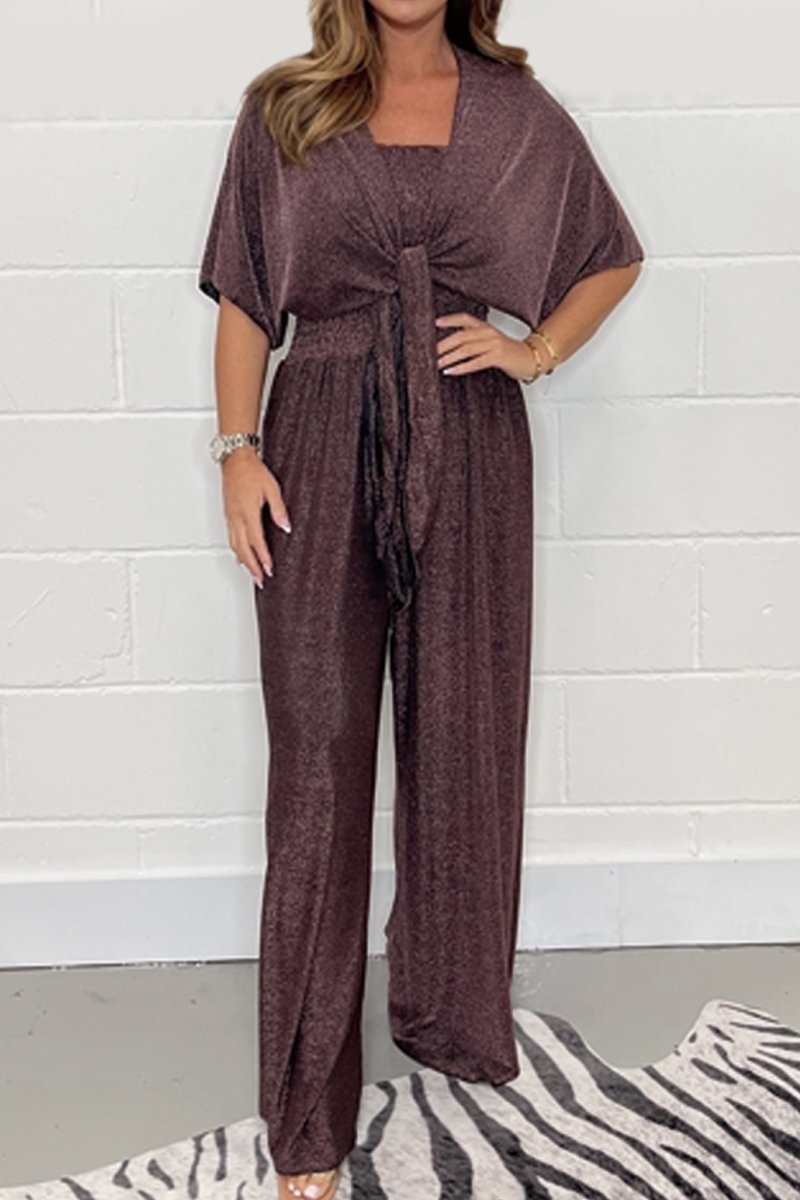 Mercerized lace-up jumpsuit set Brown