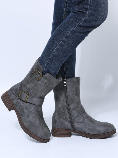 Vintage Casual Buckle Design Riding Boots Grey