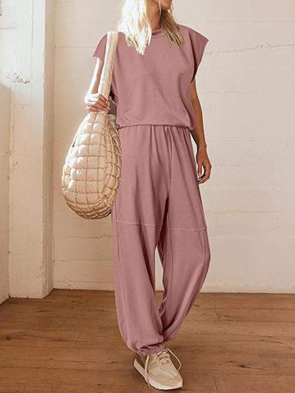 Casual Round Neck Solid Color Two-piece Suit pink