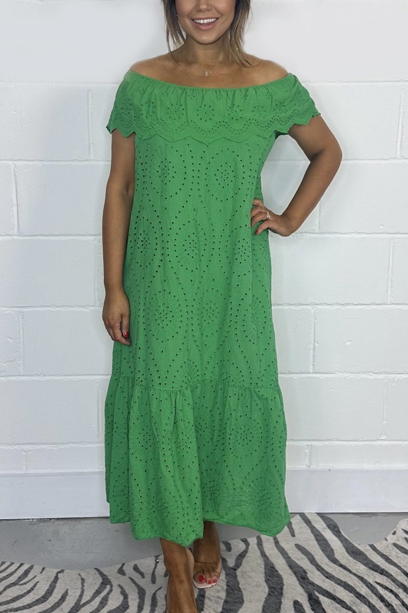 Solid color embroidered English maxi dress Green