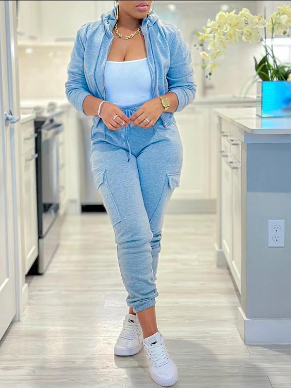 Zip-up Drawstring Jacket and Multi-bag Cargo Casual Pants Suit Blue