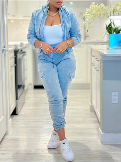 Zip-up Drawstring Jacket and Multi-bag Cargo Casual Pants Suit Blue