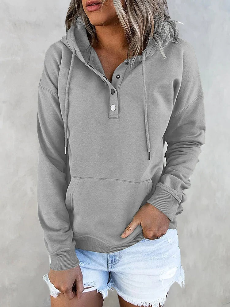 Hotouch Solid Button Front Hoodie with Pocket Grey