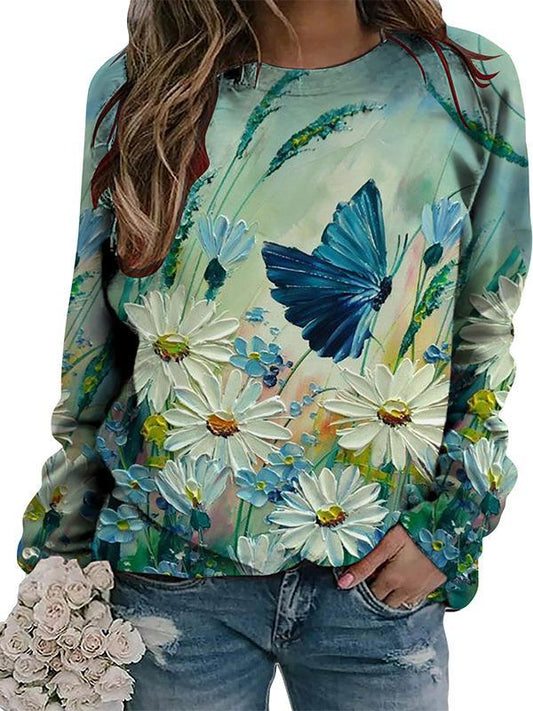 Casual Round Neck Colorful Printed Long Sleeve Top green