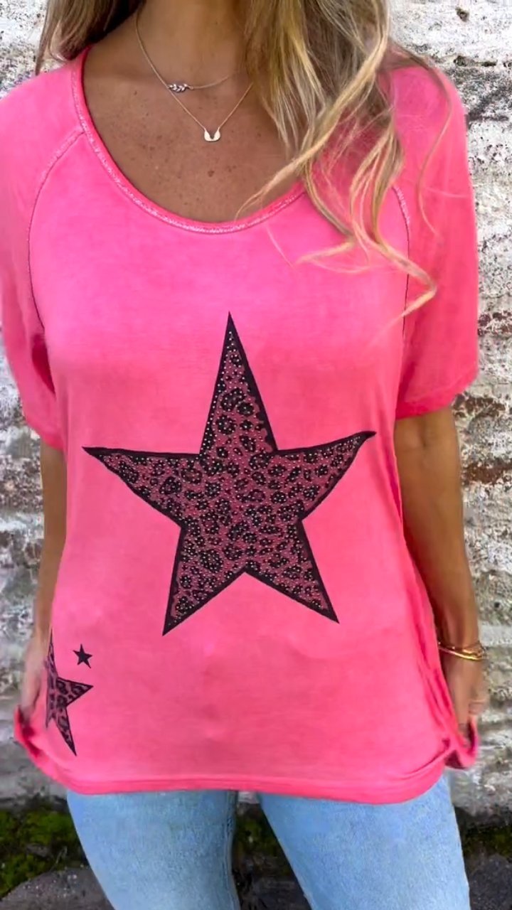 Casual Round Neck Five-pointed Star Print Top pink