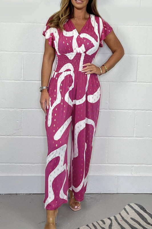 V-neck hot stamping printed jumpsuit Pink