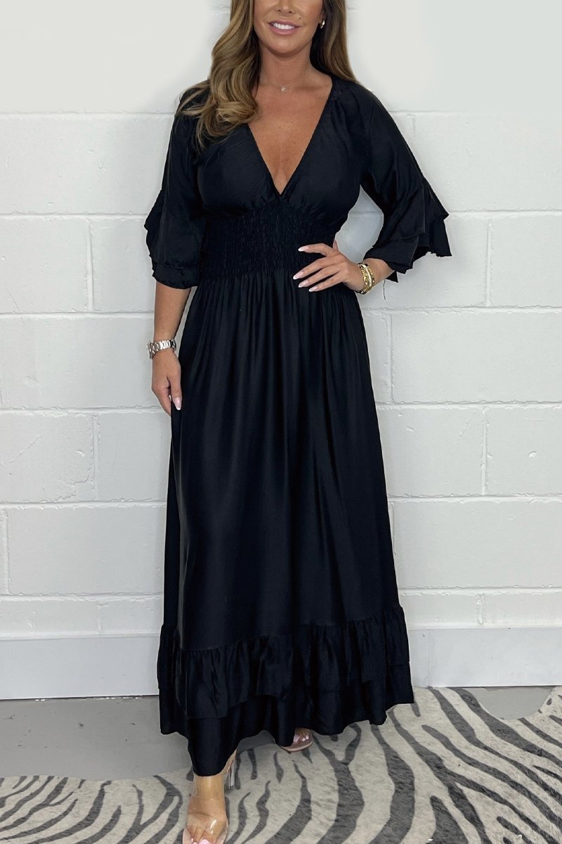 Satin ruffle maxi dress Black